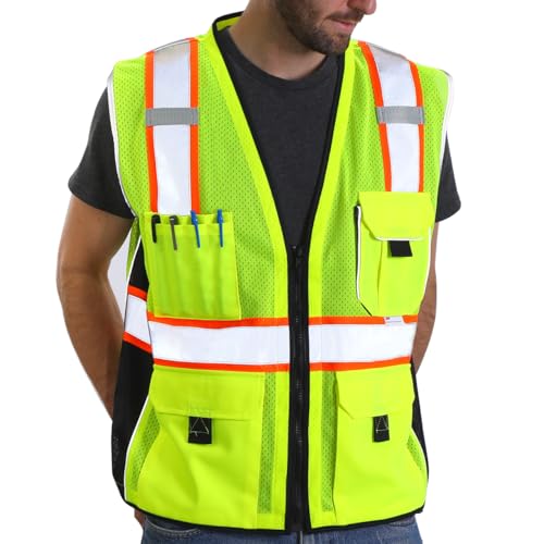 Dib Safety Reflective Vest Yellow Mesh, High Visibility Vest with Pockets and Zipper, ANSI Class 2 Heavy Duty, Made with 3M Reflective Tape, L