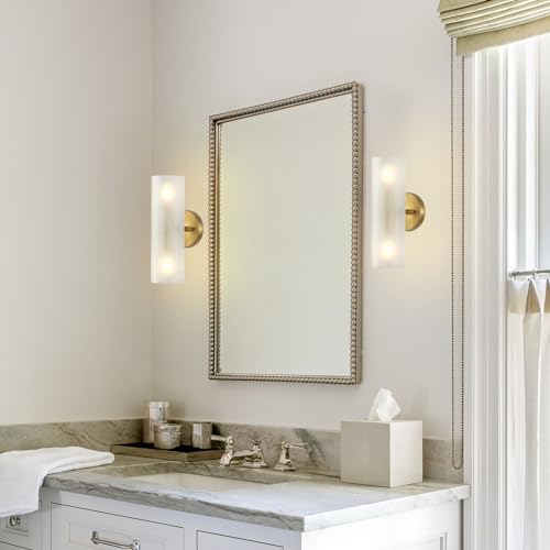 Image of Set of 2 Modern Wall Sconce 2 Lights Cylinder Wall Lamp Industrial Mid Century Bathroom Vanity Wall Light Frosted White Acrylic Glass Shade Brushed Brass Finished Lighting Fixture