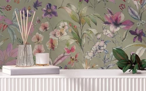 Papel pintado no tejido premium Profhome de flores verde oliva y púrpura 10m 8