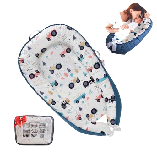 Image of Loevin Portable Baby Nest & Gym Play Mat, Baby Lounger for Newborns & Infant Floor Cushion, Diaper Changing Pads for Boys & Girls 0-12 Months(Blue Edged Tractor)