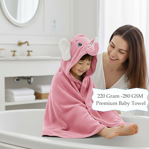 Image of Ultra-Soft Baby Hooded Towel - Coral Velvet Wrap Your Little One in Softness and Joy, Hypoallergenic & Super Absorbent Bath Wrap for Newborns & Toddlers | Cute Animal Design (0-5 Years)(Pink Elephant)
