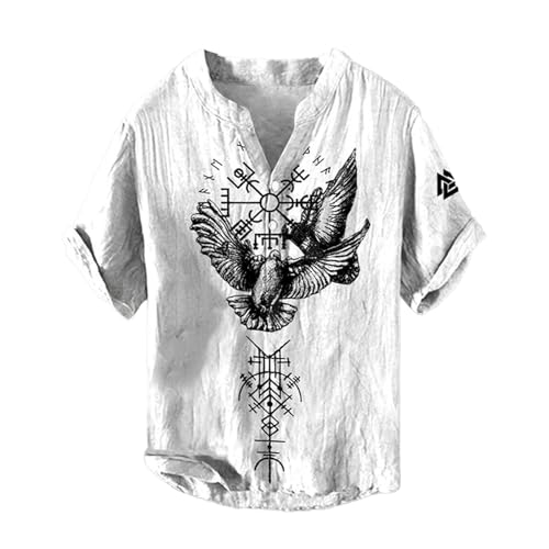 Image of ZDSUHYIW Viking Henley Shirt Men's Printed T-Shirt with Stand-Up Collar Mythology Long Shirt Retro Lightweight Sports Shirt Print Vintage Linen Shirt Shadow Raven T-Shirt Medieval, White, XXL