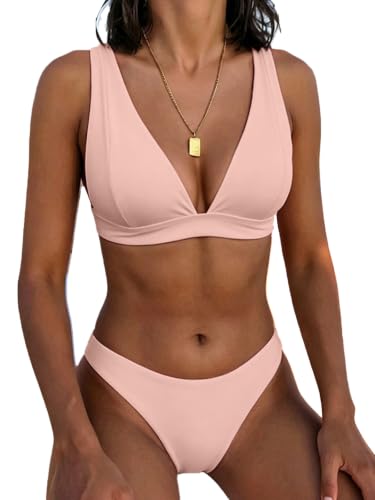 Image of Bathing Suits for Women Deep V Neck Sexy Two Piece Bikini Sets for Women Thong Halter Cheeky Swimsuit