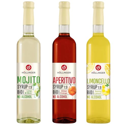 HÖLLINGER Bio Cocktailsirup Set, Mojito Limette-Minze, Aperitivo Bitter Orange, Limoncello Zitrone, Alkoholfrei, 3x500ml Glasflaschen, 1:9 Mischverhältnis