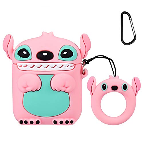 Mulafnxal Compatible with Airpods 1&2 Case,Cute Cartoon Character Silicone Airpod Funny Cover,Kawaii Fun Cool Keychain Design Skin,Fashion Cases for Girls Kids Teens Boys Air pods(3D Pink Stitch)