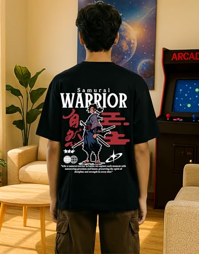 Image of Samurai Warrior Oversized T-Shirt for Kids 4-17 Years | Anime Samurai Front & Back Print | Boys & Girls Cotton Casual Tee