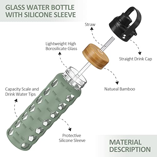 MUKOKO-24oz-Glass-Water-Bottle-with-2-Lids-Handle-Flip-LidBamboo-Straw-LidMotivational-Water-Tumbler-with-Time-Marker-Reminder-and-Silicone-Sleeve-Leakproof-Olive