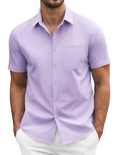 COOFANDY Dress Shirts for Men Summer Short Sleeve Light Weight Collared Formal Business Meeting Shirts with Pocket Light Purple XL