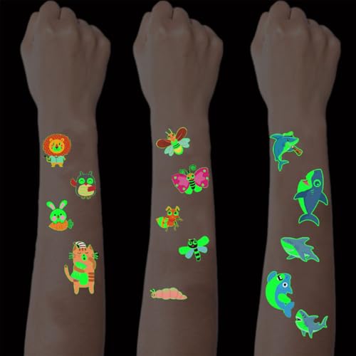 SanKristo 15 Hojas Luminosos Tatuajes Temporales para Niños Impermeables Dibujos animados Tiburones Animales Insectos Tatuajes Pegatinas Set Niñas Niños Brillan en la Oscuridad