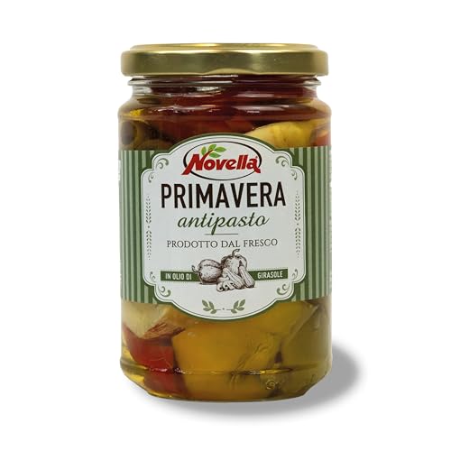 Novella PRIMAVERA antipasto – eingelegtes Gemüse und Pilze in Öl - 280 g – Paprika, Artischocken, Gurken, Oliven, Champignons in Sonnenblumenöl, Weinessig für Antipasti, als Pizzabelag, für Salate