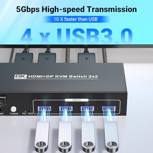 HDMI Displayport KVM Switch 2 Monitors 2 Computers, 8K60Hz 4K120Hz USB 3.0 Dual Monitor HDMI DP KVM Switch for 2 PCs Management Via 1 Set of Keyboard, Mouse and 2 Monitors - Image 3