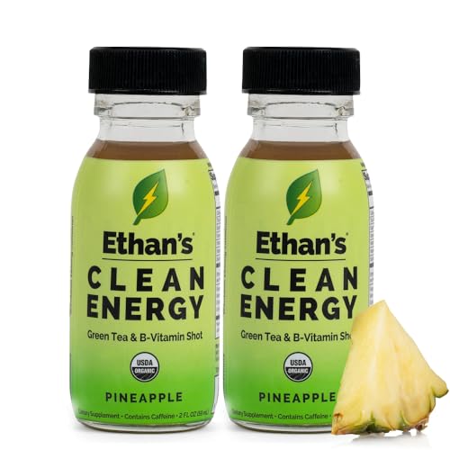 Image of Ethan's Organic Clean Energy Shots Pineapple, 2 Pack of 2oz | 150mg Caffeine | Green Tea, Guayusa, Lion's Mane & Cordyceps | Sugar-Free, Vegan, Gluten-Free, USDA Organic