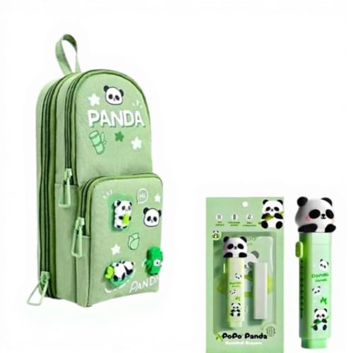 Image of Panda 3-Layer Big Capacity Pencil Case for Kids with Free Panda Push-Pull Eraser | School Bag Shape 6-Layer Storage Pencil Pouch | Cute Cartoon Stationery Organizer (Green Panda)