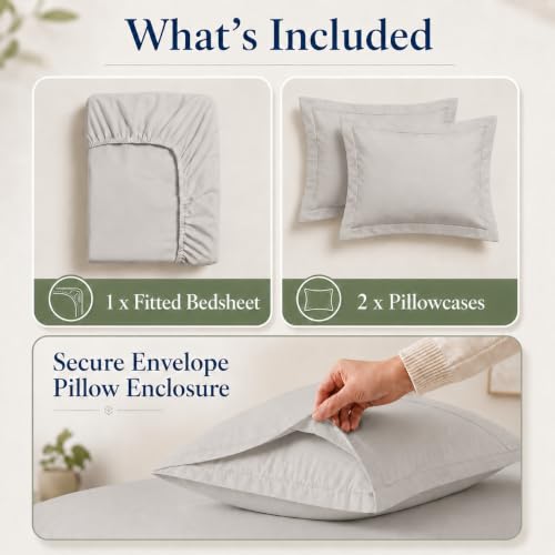 Image of LANE LINEN 100% Organic Cotton Fitted Bedsheet for Double Bed - Silver | GOTS Certified, Percale Weave, 78x60 inches, Fits Upto 12 inch Mattress, Soft, Breathable, Washable, 2 Pillow Covers