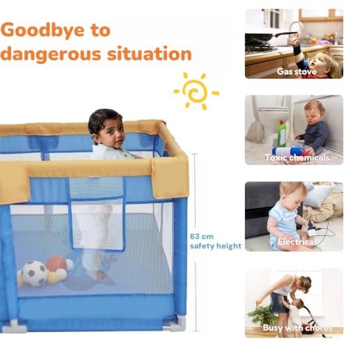 Image of Dawnwake 120x120 cm Playpen for Baby up to 3 Years with Safety Lock & Anti-Fall Grasp Rings (No Ball /No Mat, Non-Foldable) - Blue