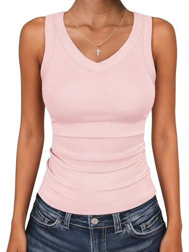 Cuptacc Tank Top Damen V-Kragen Eng Ärmelloses Shirt Sommer Komfort Luftig Wide Shoulder Straps Basic Tops Modal Lässige Solid Color Tanktops Rosa M