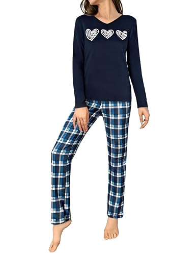 Marvmys Pijamas Mujer Invierno de Algodón Pijama Largo Mujer con Camiseta de Estampado de Corazones y Pantalón de Cuadros con Bolsillos
