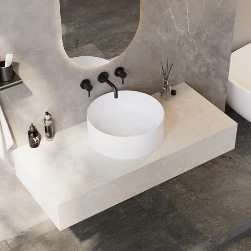 Eridanus Rundes Keramikbecken, Glasporzellan Gefäßspüle in Weiß glänzend für Arbeitsplatte, rundes Waschbecken für Waschtischunterschrank, 415 x 415 x 150 mm