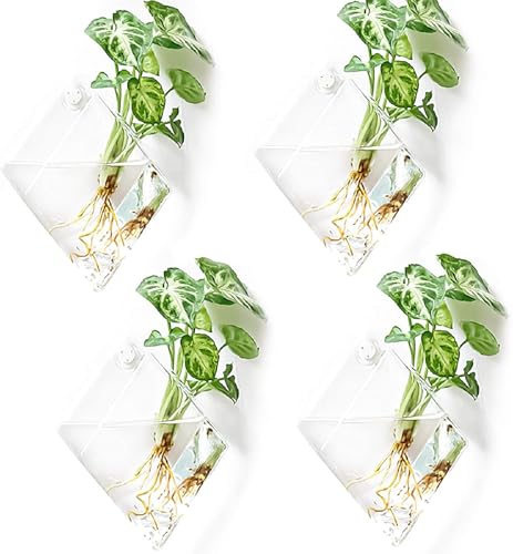 Kingbuy 4-Pack Diamond Glass Wall Planter for Plants - Propagation Station & Wall-Mounted Terrarium Vase for Succulents, Air Plants Creative Indoor Hydroponic Wall Decor