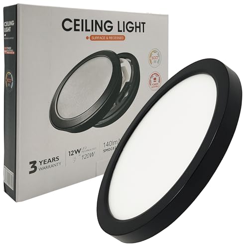 FactorLED Plafon Led Techo Circular Negro Ø17,5cm, 12W, 1440Lm, Lampara de Techo Downlight, Superficie o Empotrable, Potencia Regulable, Luz Blanca seleccionable de 2700K a 6000K (175 mm)