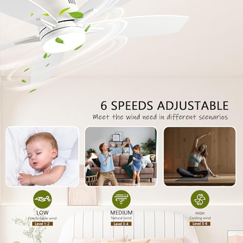 Image of Ayaoty Ceiling Fans with Lights, 52 inch Low Profile Indoor Ceiling Fan with Light and Remote Control, Dimmable, Noiseless, Reversible, White Ceiling Fan for Bedroom, Indoor /Outdoor Use