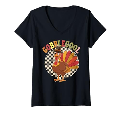Donna Gobblegool Thankful Turkey Day Ringraziamento Groovy Divertente Maglietta con Collo a V