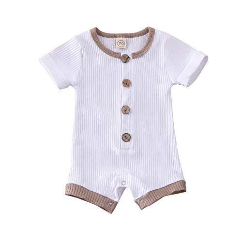 Infant Baby Boys Romper Jumpsuit Short Sleeve Button Bodysuit Basic Knitted One Piece Summer Outfits (9-12 Months, Ribbed White)