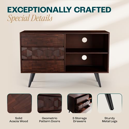 Image of Bme Georgina 45 Inch Solid Wood TV Stand, Under 10 Minutes Assembly Entertainment Center with Storage, Geometric Pattern TV Console for Living Room, Bedroom, Dinning Room - Walnut