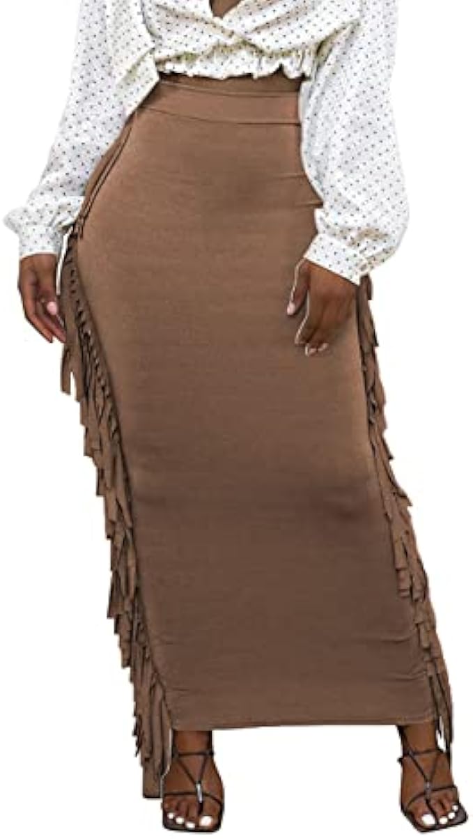 Lrady 女款 彈性 腰圍 修身 側流蘇 長長鉛筆裙