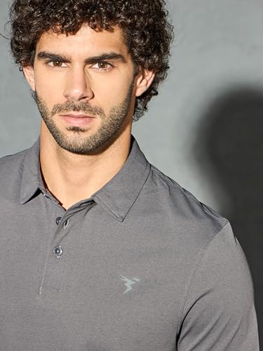 Image of TECHNOSPORT Men's Solid Slim Fit Polo Collar T-Shirt COTFLEX Half Sleeve Button Polyester for Gym Running Workout UPF50+ Anti Odour