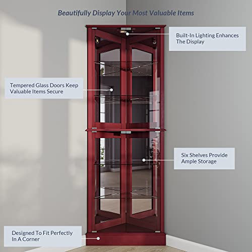 Image of BELLEZE Lighted Corner Display Curio Cabinet Wooden Shelving Unit with Tempered Glass Door, Bar and Liquor Storage Area with 6 Shelves - Woody (Cherry)