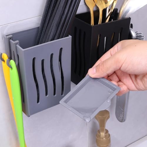 Image of Multifunctional Kitchen Utensil Rack Draining Chopstick Holder Wall-Mounted Freestanding Cutlery Storage Box (Black)