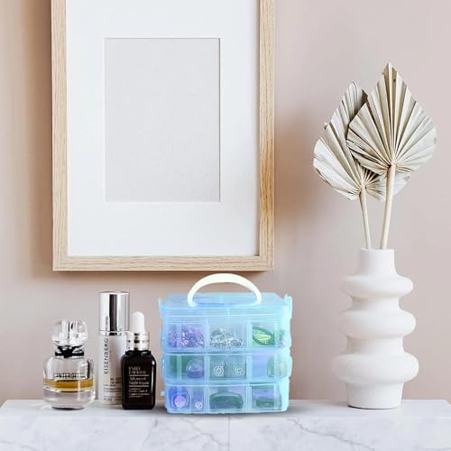 Image of UCRAVO 18 Grid Square Storage Box, Blue, 10 cm x 10 cm x 10 cm, 3-Layer Jewelry & Toy Organizer, Transparent Plastic, Multi-Purpose