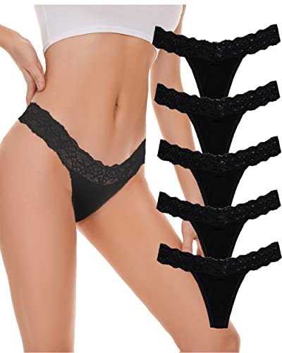 Lace Thongs for Women Pack Seamless Stretch No Show Underwear Cotton Modal Thong Panties 5 Pack