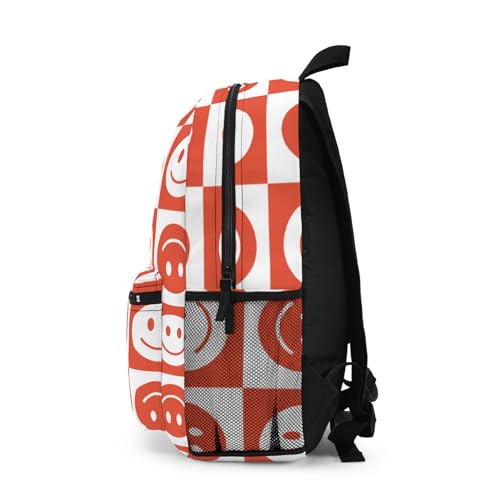 Backpack "Vibrant Red Smiley Face Pattern - Retro Aesthetic Design"3