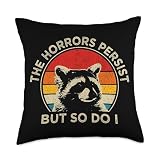 Vintage Racoon The Horrors Persist But So Do I Mental Health Throw Pillow