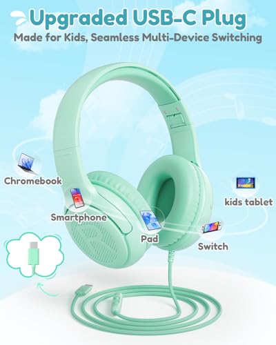 Image of awatrue USB-C Kids Headphones with Mic - 85 /94dB Volume Limiter, Foldable Wired Toddler Headphones for Boys & Girls, Over-Ear Type-C Kid Headphones for School, Travel, lPad, Tablet & Smartphones