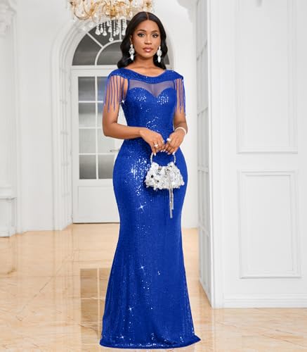 Image of Cololura Women Sexy Sequin Mesh Perspective Bodycon Party Cocktail Evening Gown Maxi Dress