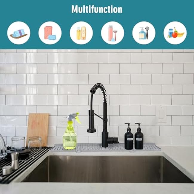 30 inch Kitchen Sink Splash Guard, Faucet Splash Guard, Kitchen Faucet Mat, Longer Silicone Sink Mat for Kitchen Counter, Bathroom, Farmhouse, Drip Protector Splash Countertop (Gray)
