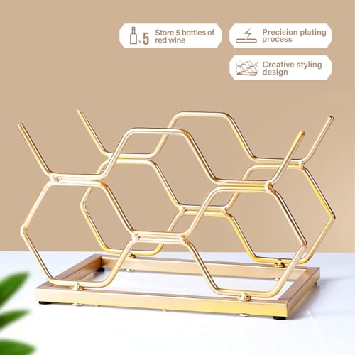 ABIN Countertop Wine Rack - 5 Bottle Freestanding Modern Gold Metal Small Wine Rack - Tabletop Wine Holder Stand for Cet, Pantry, Wine Bottle Storage (Hexagon - 5 bottles)