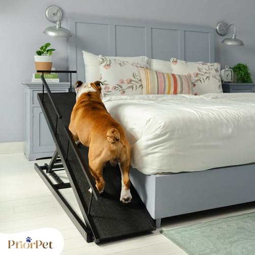 Hunderampe Bett PRIORPET aus Birkenholz mit Sicherheitsgeländer - Höhenverstellbare hundetreppe für Betten bis zu 94.5cm - Klappbar - Anti-Rutsch-Griff - Für kleine Hunde bis zu 23kg - Schwarz
