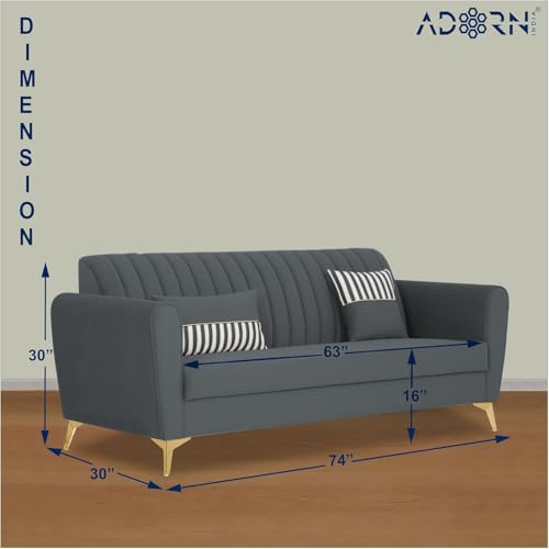 Image of Adorn India Premium Luster 3 Seater | Velvet Suede Fabric | 3-Year Warranty | Color Dark Grey with Golden Legs & Striped Pattern Cushion