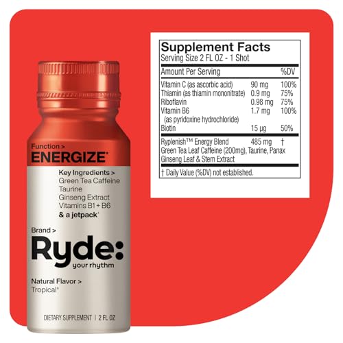 RYDE: Energize Shot | Tropical Flavor | Caffeine & B Vitamins | 0 Calories, 0 Sugar | 2 FL OZ Shots | Boosts Energy* (8 Pack) - Image 6