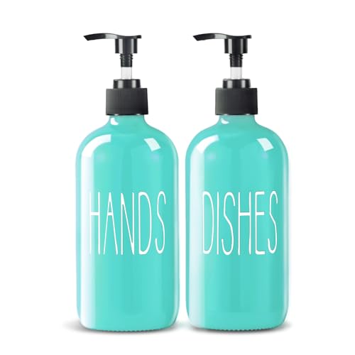 COHOSEGE Glass Soap Dispenser Set 2 Pack,16 Oz Dish Soap Dispenser for Kitchen Sink,Teal Kitchen Accessories and Kitchen Decor,Turquoise Decorations and Kitchen Utensils for Kitchen