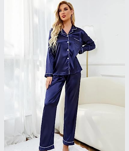 Pijama Americano Feminino Afrodite Cetim de Seda Calça e Manga Cumprida - Azul Marinho Tamanho:P;Cor