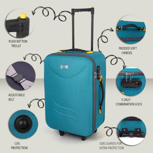 Image of Trolley Bag 20 Inch Cabin Size | Soft Shell Travel Suitcase with Reinforced Stitching Lightweight Fabric Luggage for Flight Cabin | Turqoise