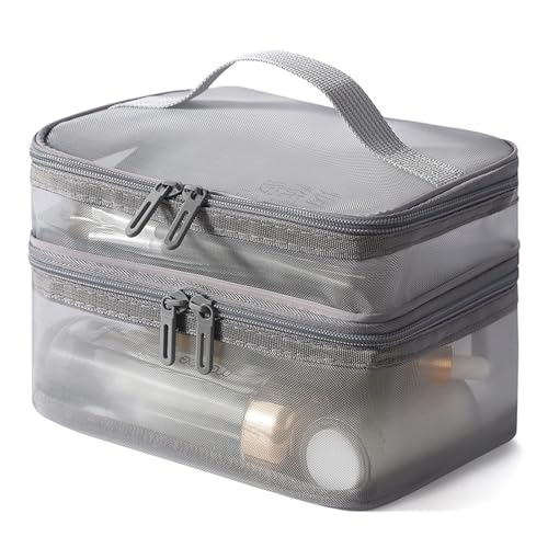 Pochette cosmétique double couche grise avec poignée pour rangement nomade