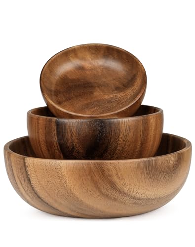 GleeNflux Wooden Bowls Set of 3 5.1 6.3 & 8.6 Acacia Wood Salad Bowls