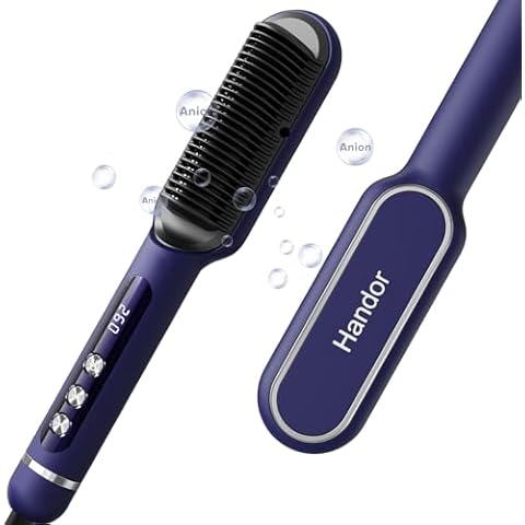 Handor Advanced Negative Ionic Hair Straightener Brush with 9 Temp Settings & Anti-Scald LED Display, 20s Fast Heating 250°F to 410°F, Effortless Styling for Silky Smooth, Frizz-Free Hair, Blue Cover