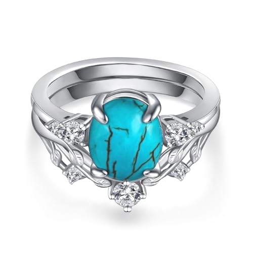 Genuine Turquoise Rings for Women 925 Sterling Silver Turquoise Engagement Ring Set Western Nature Gemstone Turquoise Promise Wedding Ring Jewelry for Women